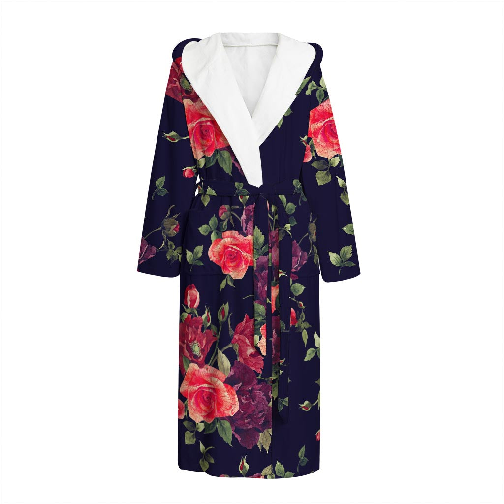 Red Violet Roses Floral Pattern Print Hooded Bathrobe