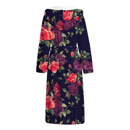 Red Violet Roses Floral Pattern Print Hooded Bathrobe