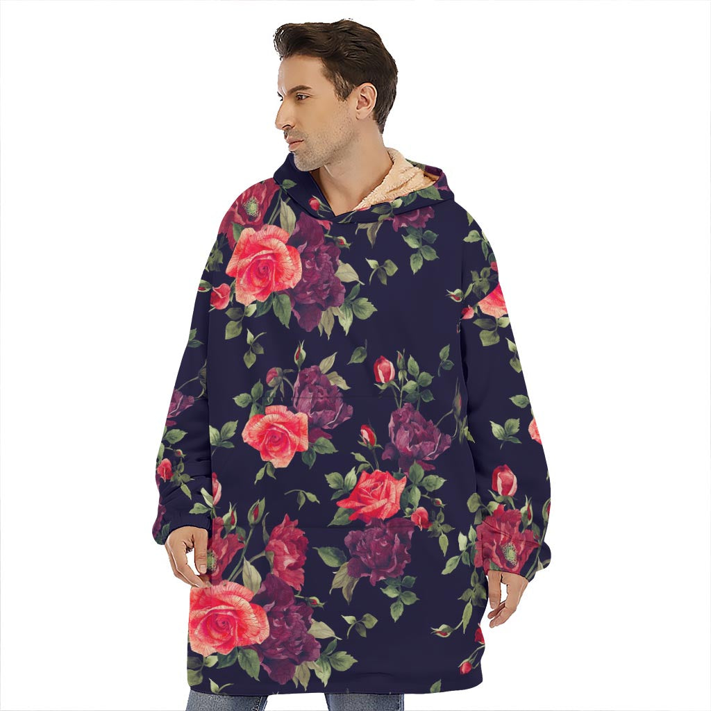 Red Violet Roses Floral Pattern Print Hoodie Blanket