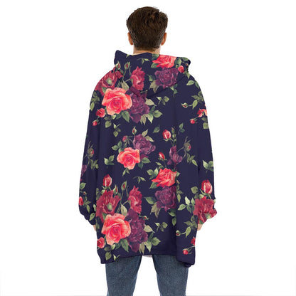 Red Violet Roses Floral Pattern Print Hoodie Blanket