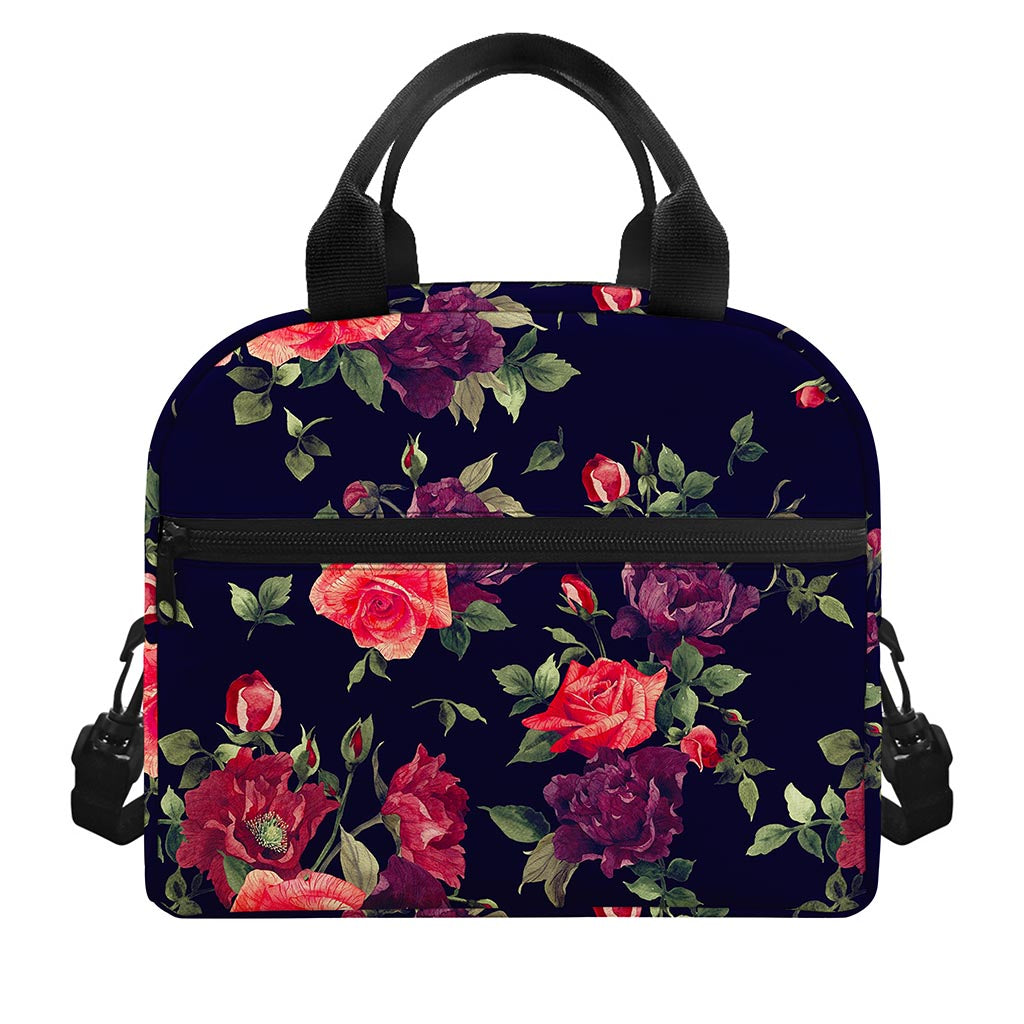 Red Violet Roses Floral Pattern Print Insulated Lunch Bag
