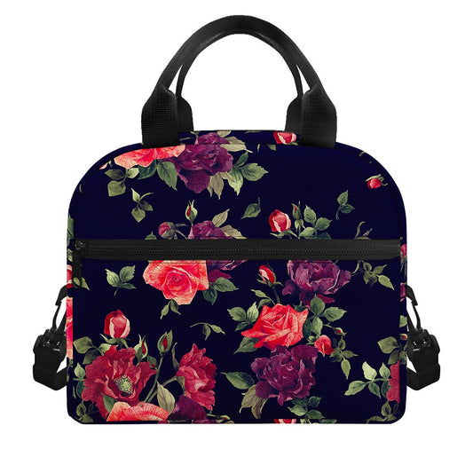 Red Violet Roses Floral Pattern Print Insulated Lunch Bag