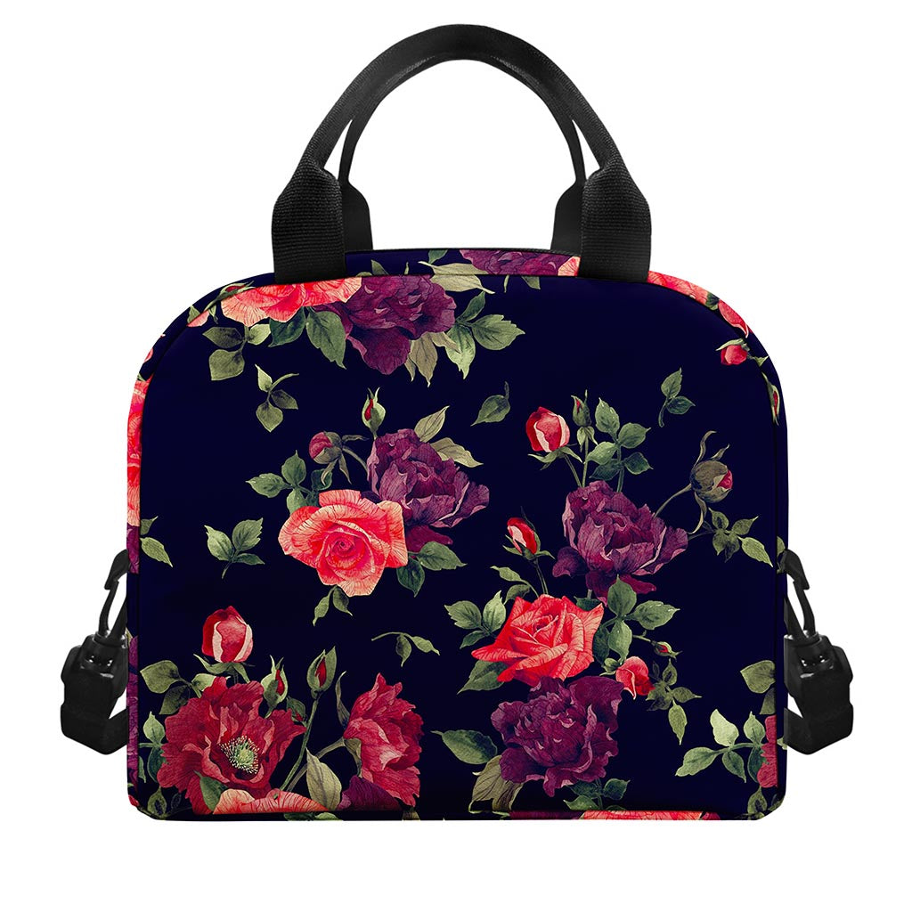 Red Violet Roses Floral Pattern Print Insulated Lunch Bag