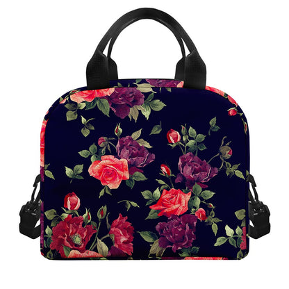 Red Violet Roses Floral Pattern Print Insulated Lunch Bag