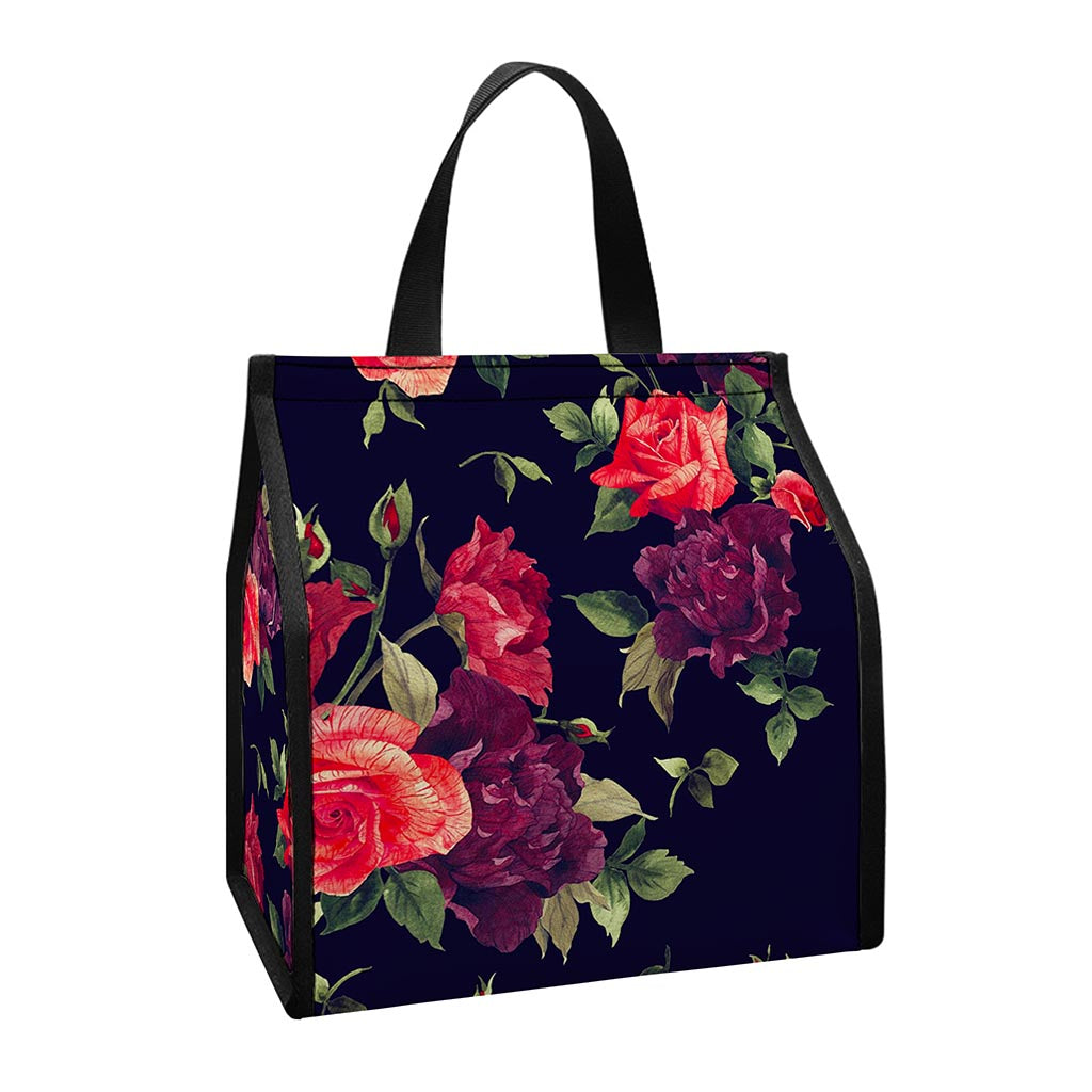 Red Violet Roses Floral Pattern Print Insulated Lunch Tote