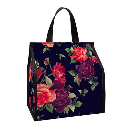 Red Violet Roses Floral Pattern Print Insulated Lunch Tote