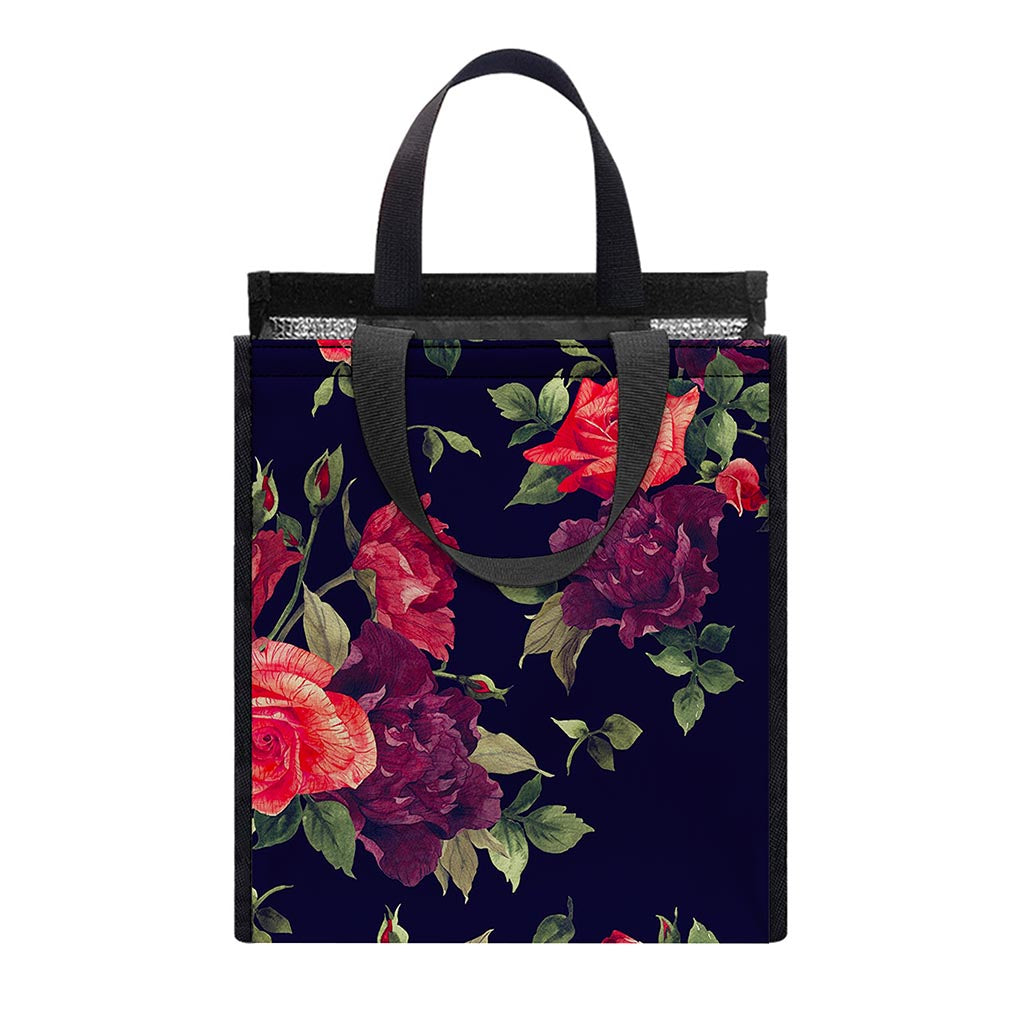 Red Violet Roses Floral Pattern Print Insulated Lunch Tote