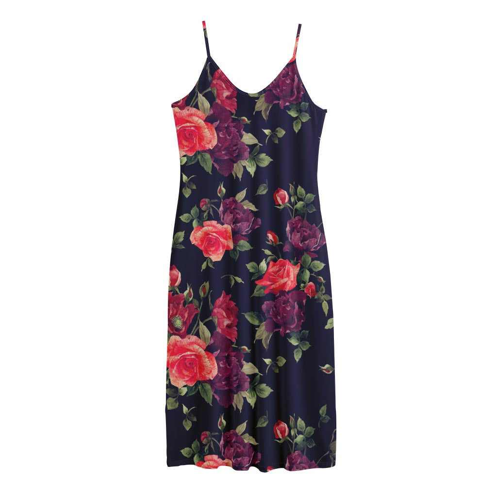 Red Violet Roses Floral Pattern Print Jersey Midi Cami Dress