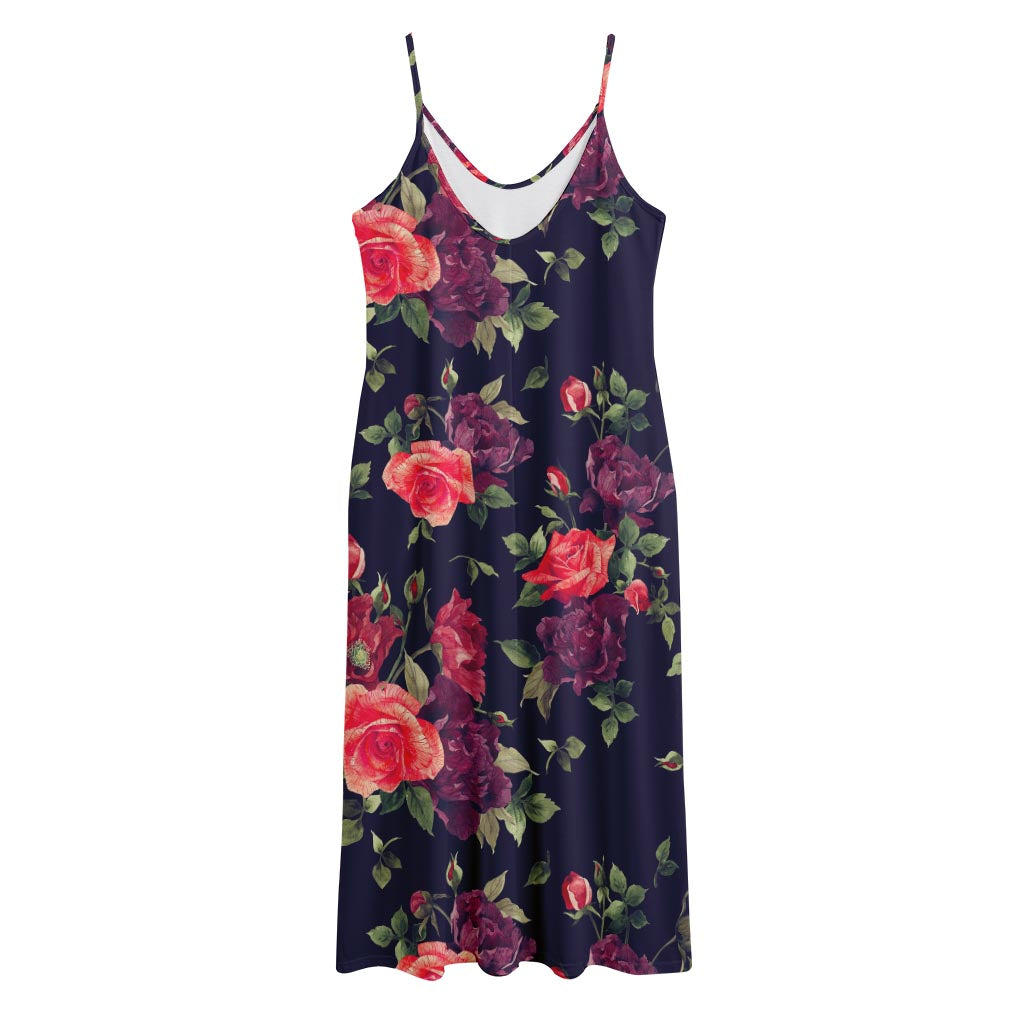 Red Violet Roses Floral Pattern Print Jersey Midi Cami Dress