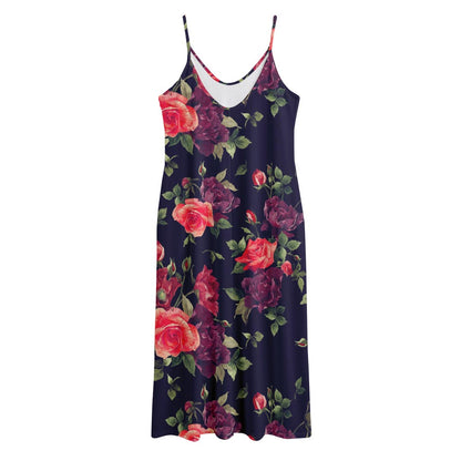 Red Violet Roses Floral Pattern Print Jersey Midi Cami Dress