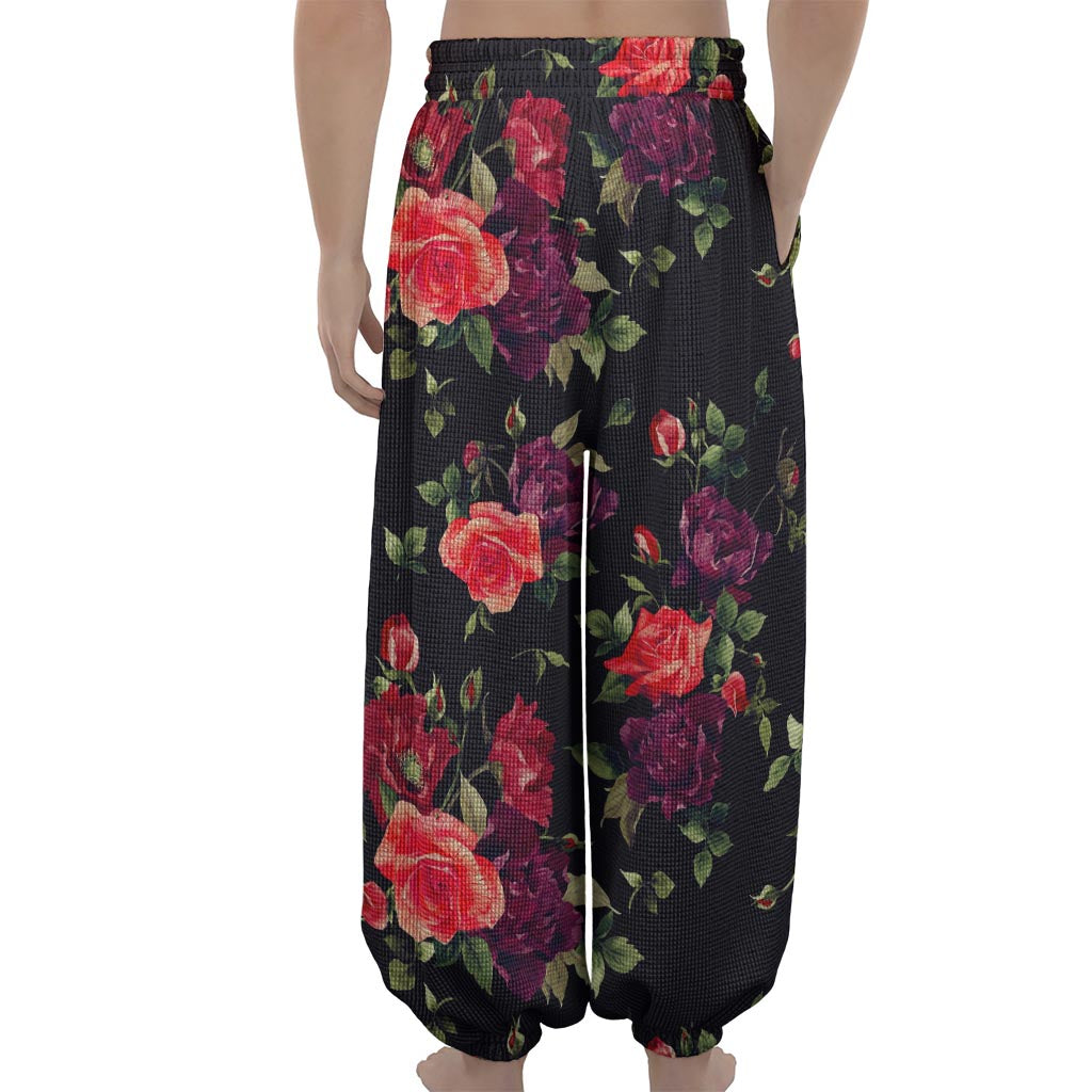 Red Violet Roses Floral Pattern Print Lantern Pants