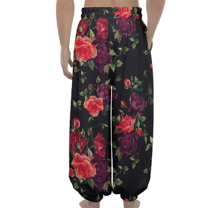 Red Violet Roses Floral Pattern Print Lantern Pants