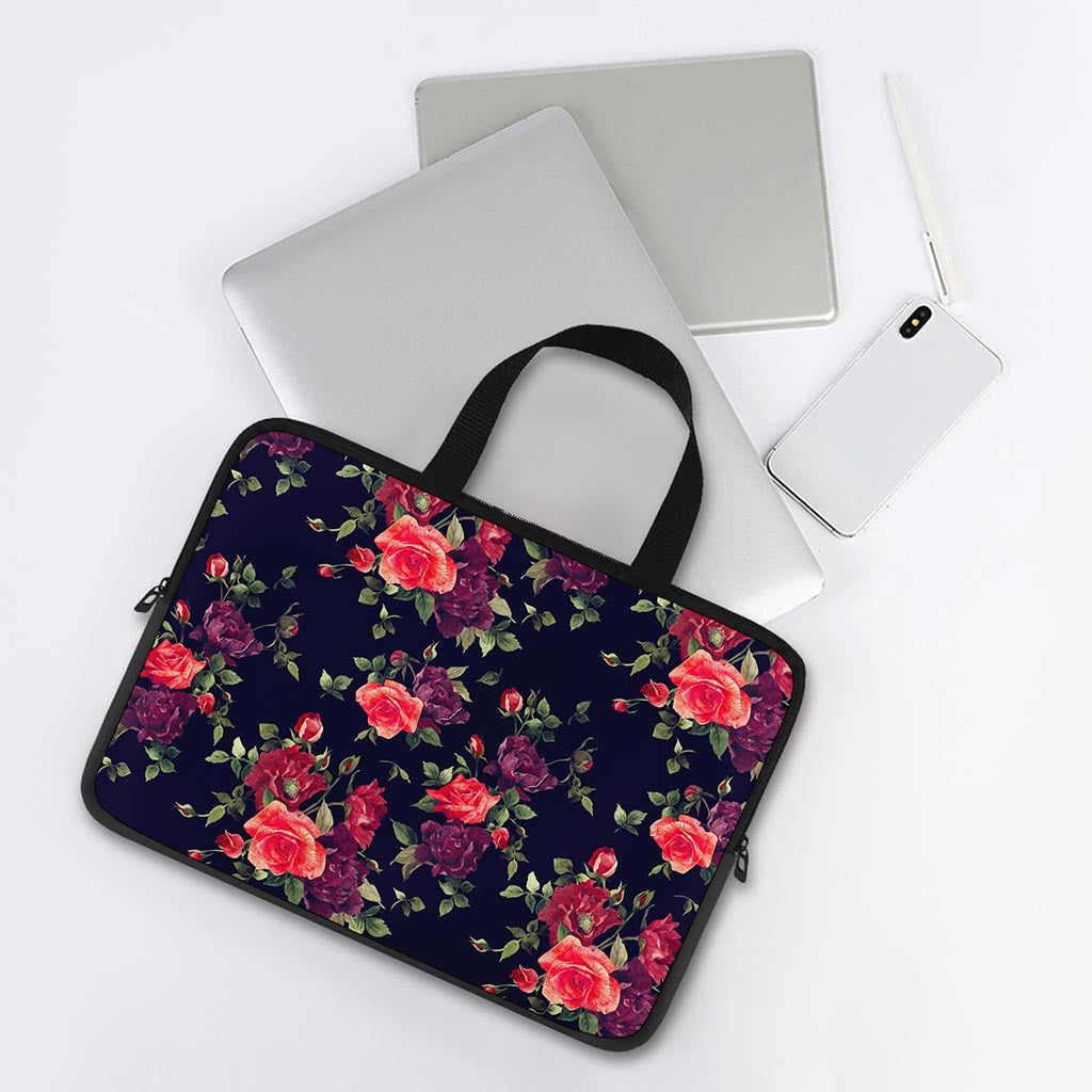 Red Violet Roses Floral Pattern Print Laptop Sleeve With Handle