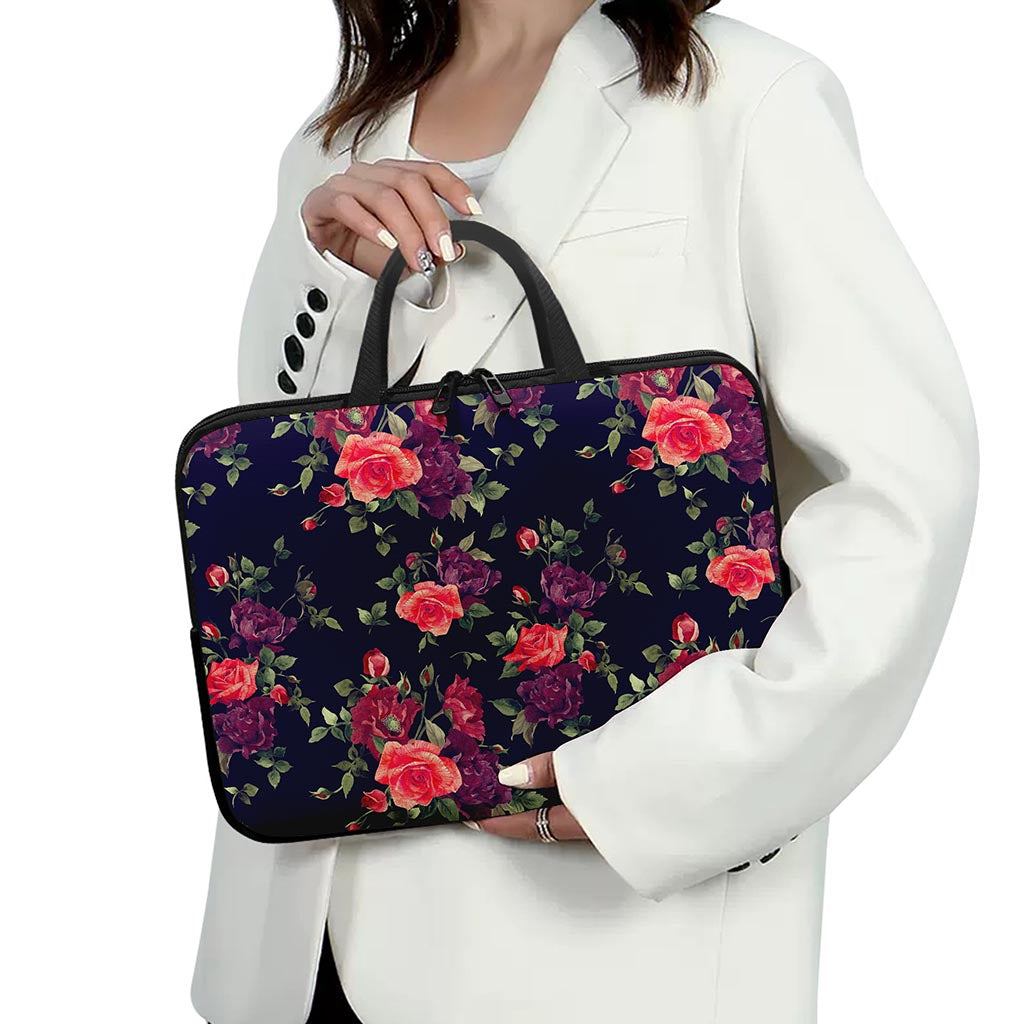 Red Violet Roses Floral Pattern Print Laptop Sleeve With Handle