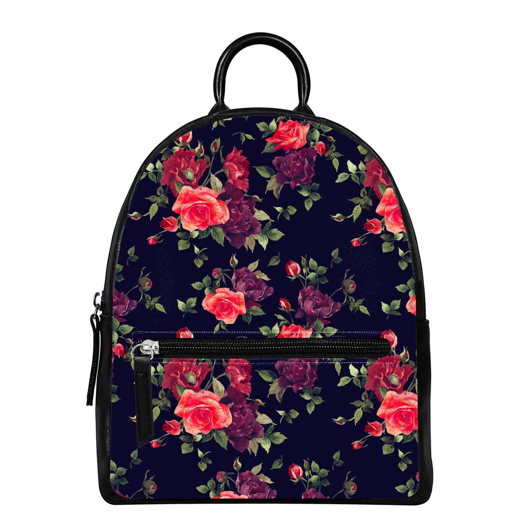 Red Violet Roses Floral Pattern Print Leather Backpack