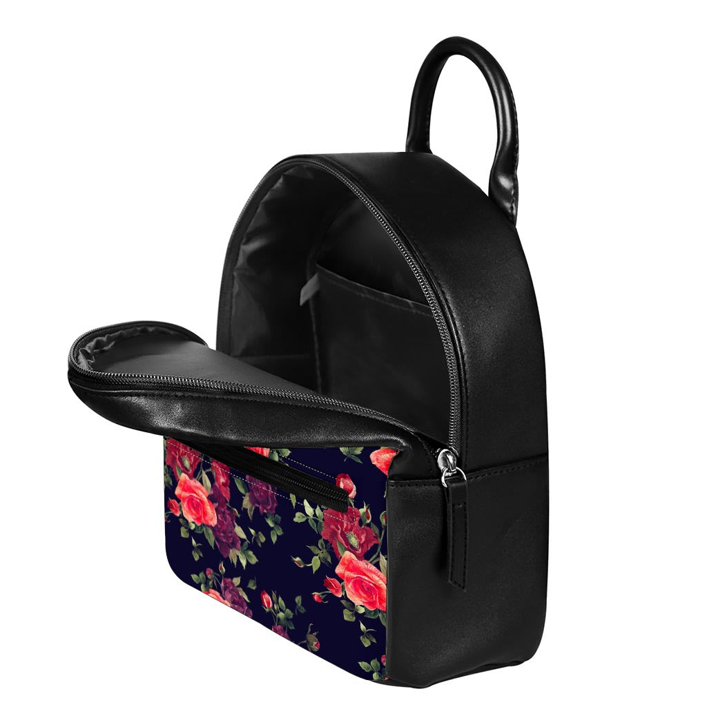 Red Violet Roses Floral Pattern Print Leather Backpack