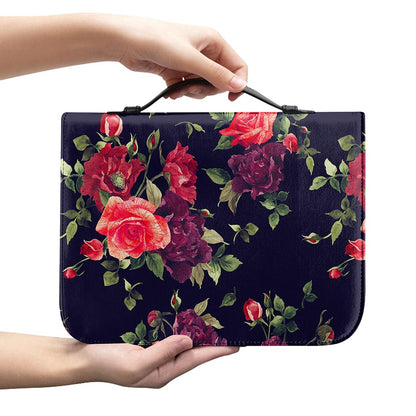 Red Violet Roses Floral Pattern Print Leather Bible Cover