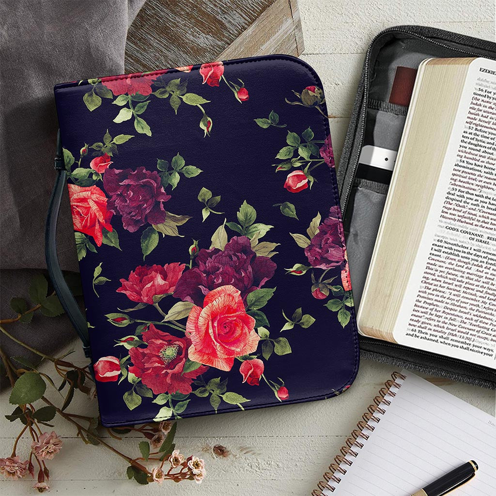 Red Violet Roses Floral Pattern Print Leather Bible Cover