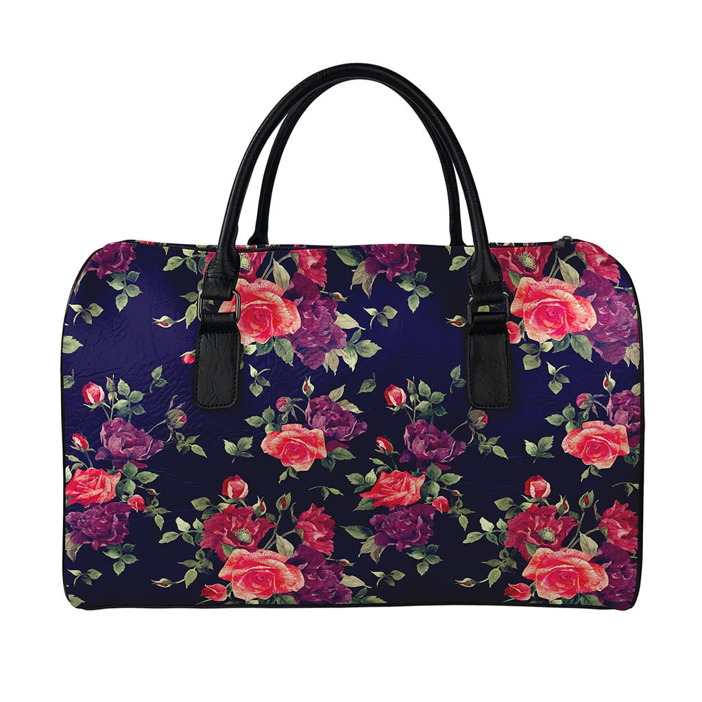Red Violet Roses Floral Pattern Print Leather Duffle Bag