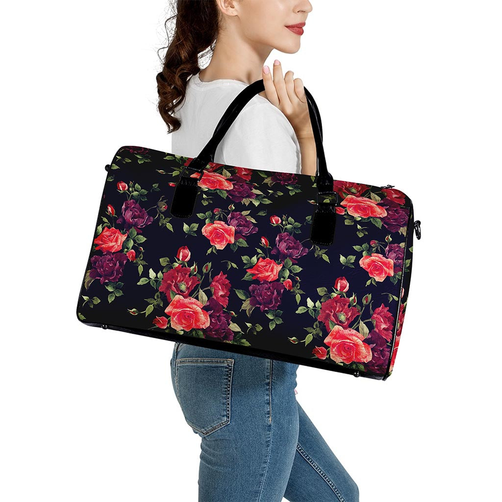 Red Violet Roses Floral Pattern Print Leather Duffle Bag
