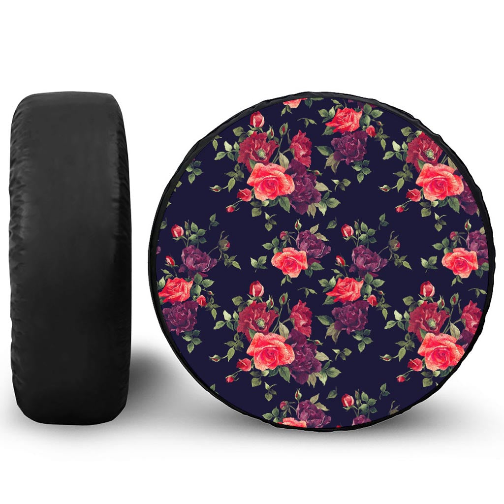 Red Violet Roses Floral Pattern Print Leather Spare Tire Cover