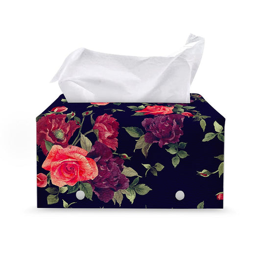 Red Violet Roses Floral Pattern Print Leather Tissue Box Cover