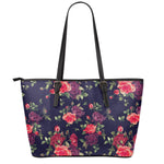 Red Violet Roses Floral Pattern Print Leather Tote Bag