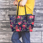Red Violet Roses Floral Pattern Print Leather Tote Bag