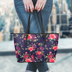 Red Violet Roses Floral Pattern Print Leather Tote Bag