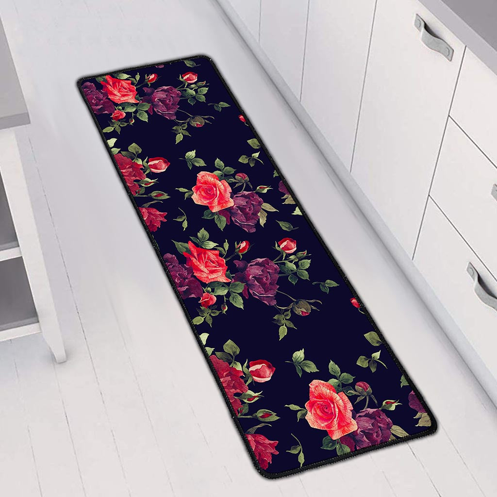 Red Violet Roses Floral Pattern Print Long Kitchen Mat