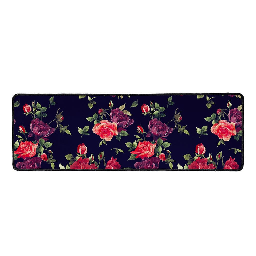 Red Violet Roses Floral Pattern Print Long Kitchen Mat