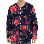 Red Violet Roses Floral Pattern Print Long Sleeve Baseball Jersey