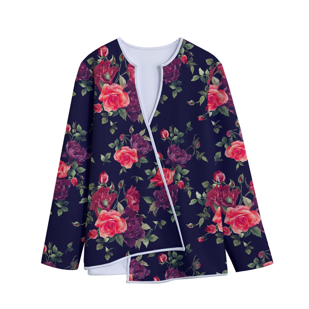 Red Violet Roses Floral Pattern Print Long Sleeve Short Coat