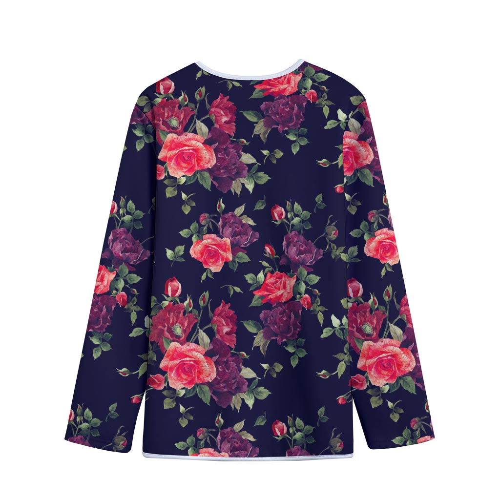 Red Violet Roses Floral Pattern Print Long Sleeve Short Coat