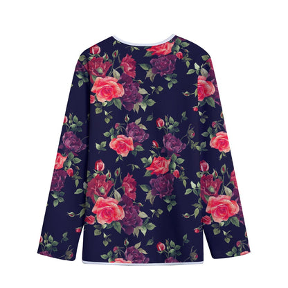 Red Violet Roses Floral Pattern Print Long Sleeve Short Coat