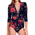 Red Violet Roses Floral Pattern Print Long Sleeve Swimsuit