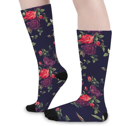 Red Violet Roses Floral Pattern Print Long Socks