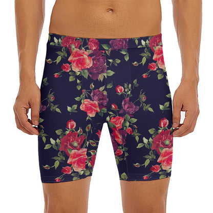 Red Violet Roses Floral Pattern Print Men's Long Boxer Briefs