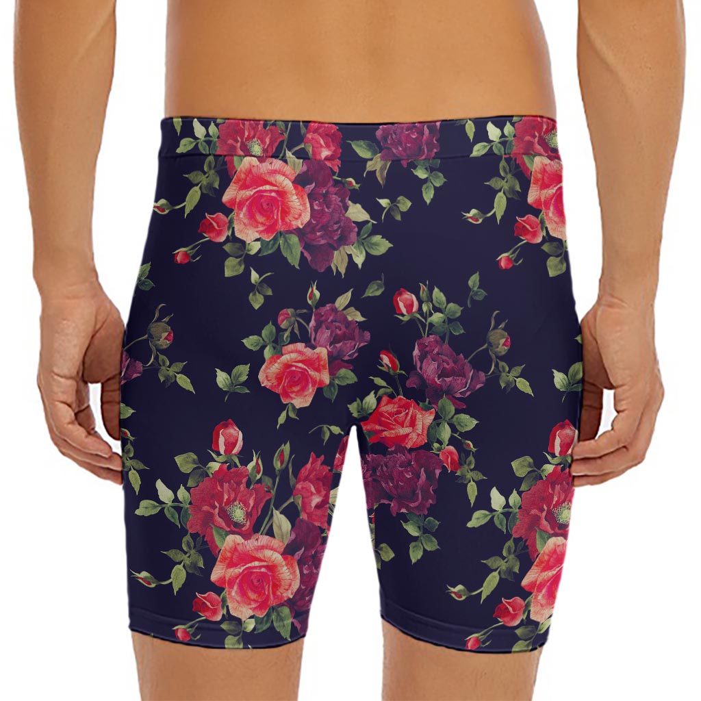 Red Violet Roses Floral Pattern Print Men's Long Boxer Briefs