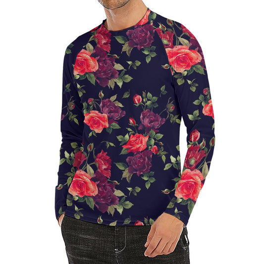 Red Violet Roses Floral Pattern Print Men's Long Sleeve Rash Guard