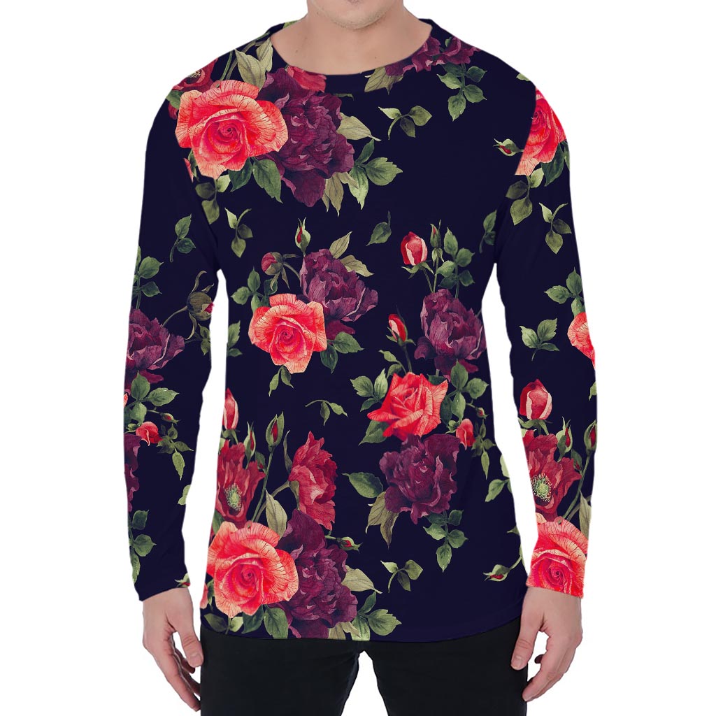 Red Violet Roses Floral Pattern Print Men's Long Sleeve T-Shirt