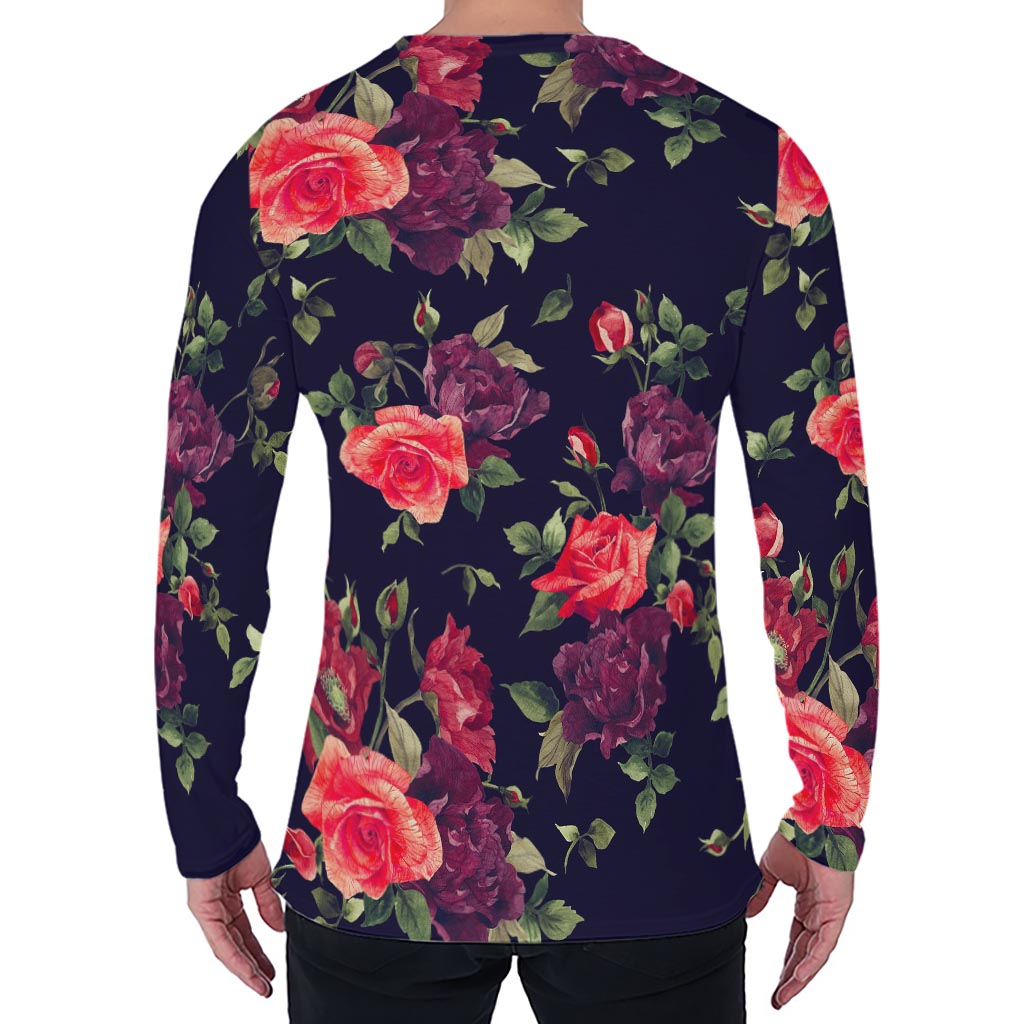 Red Violet Roses Floral Pattern Print Men's Long Sleeve T-Shirt