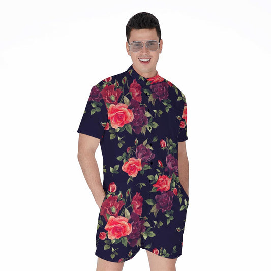 Red Violet Roses Floral Pattern Print Men's Rompers
