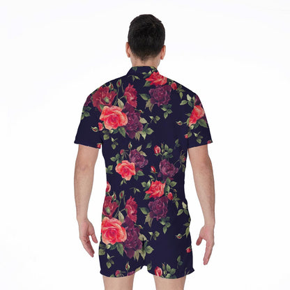 Red Violet Roses Floral Pattern Print Men's Rompers