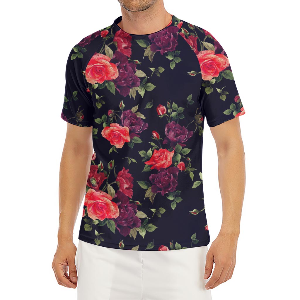 Red Violet Roses Floral Pattern Print Men's Short Sleeve Rash Guard