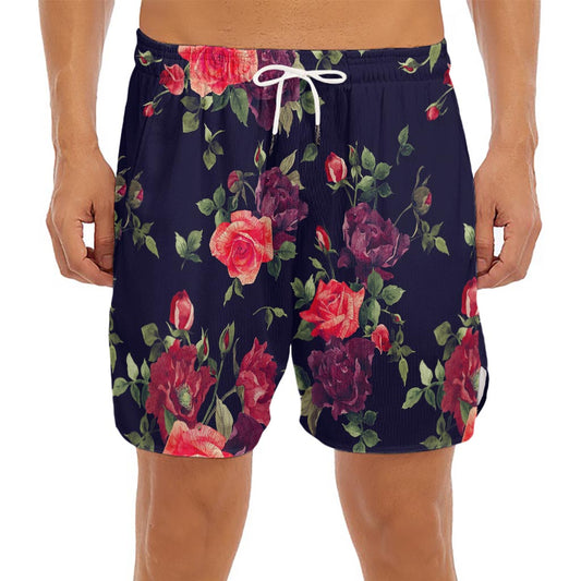 Red Violet Roses Floral Pattern Print Men's Split Running Shorts
