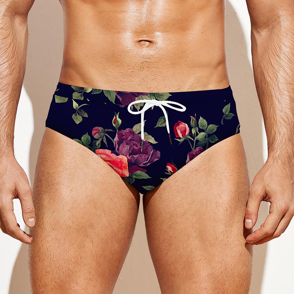 Red Violet Roses Floral Pattern Print Men's Swim Briefs