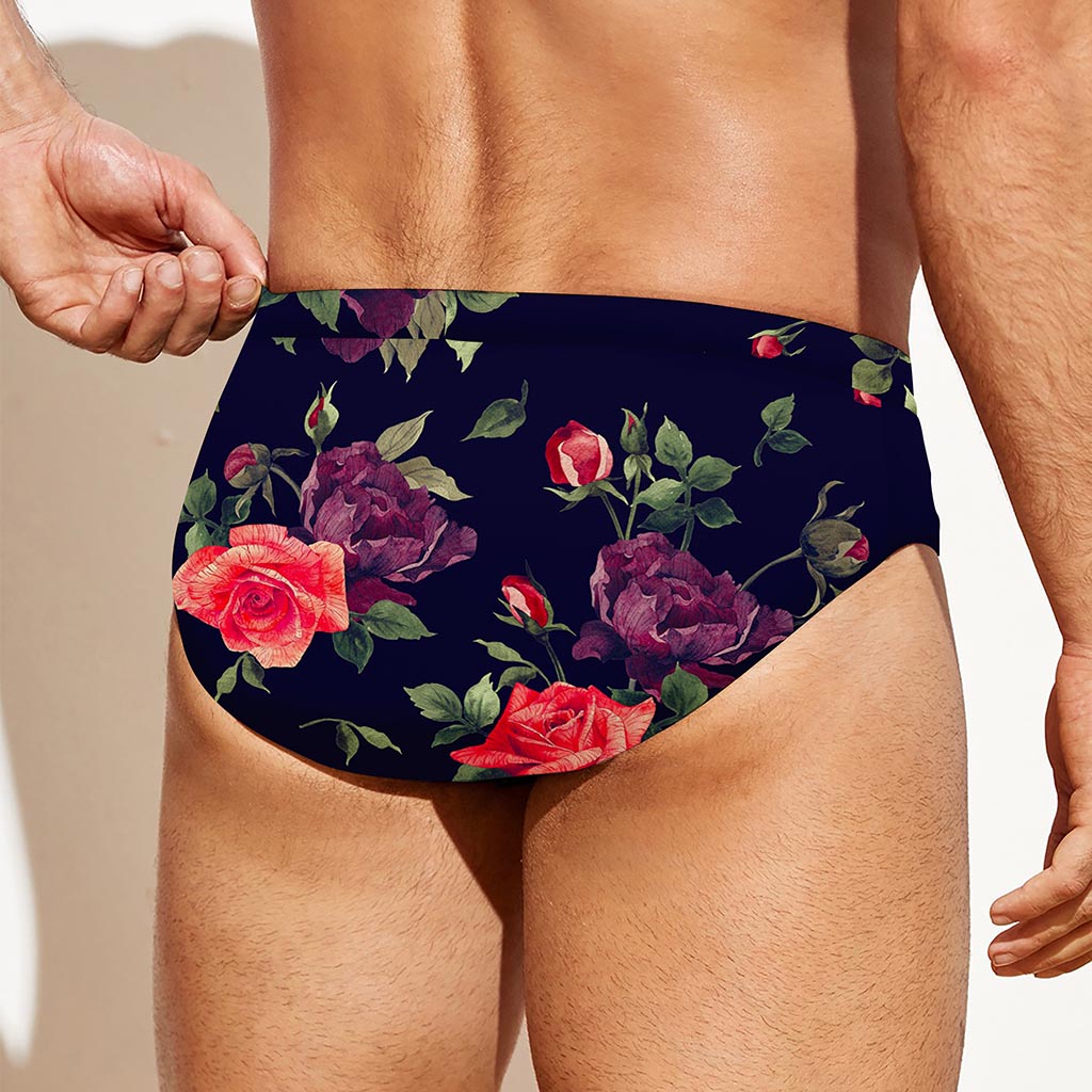 Red Violet Roses Floral Pattern Print Men's Swim Briefs