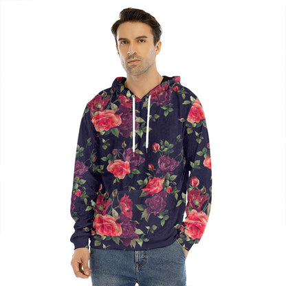 Red Violet Roses Floral Pattern Print Men's Velvet Pullover Hoodie