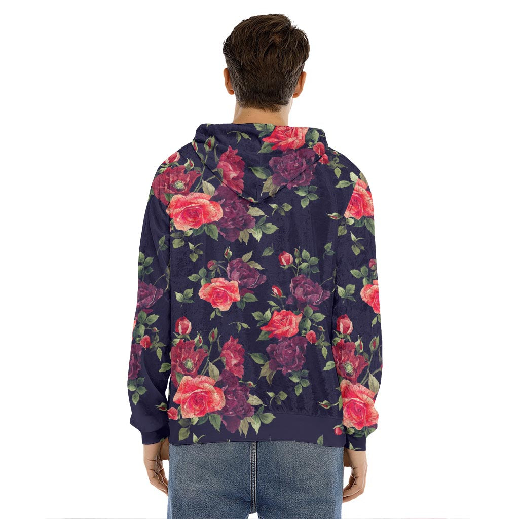 Red Violet Roses Floral Pattern Print Men's Velvet Pullover Hoodie